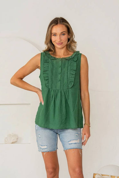 Green Ruffle Trim Sleeveless Top