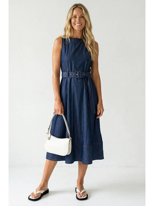 Keira Denim Belted Midi Dress