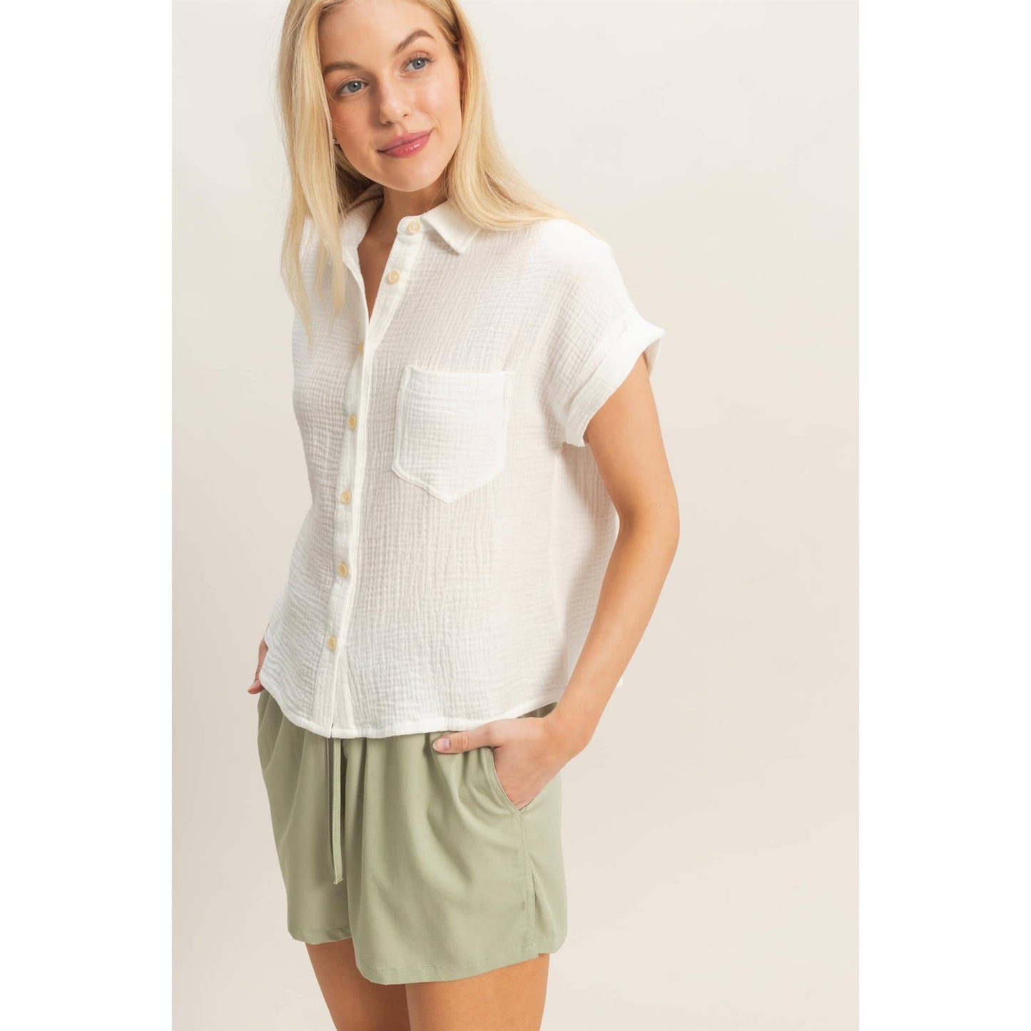 Tina Rolled Sleeve Button-Up Top