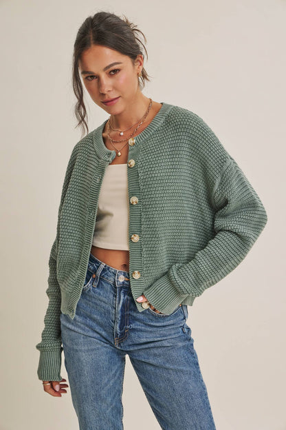 Dusty Green Waffle Knit Cardigan