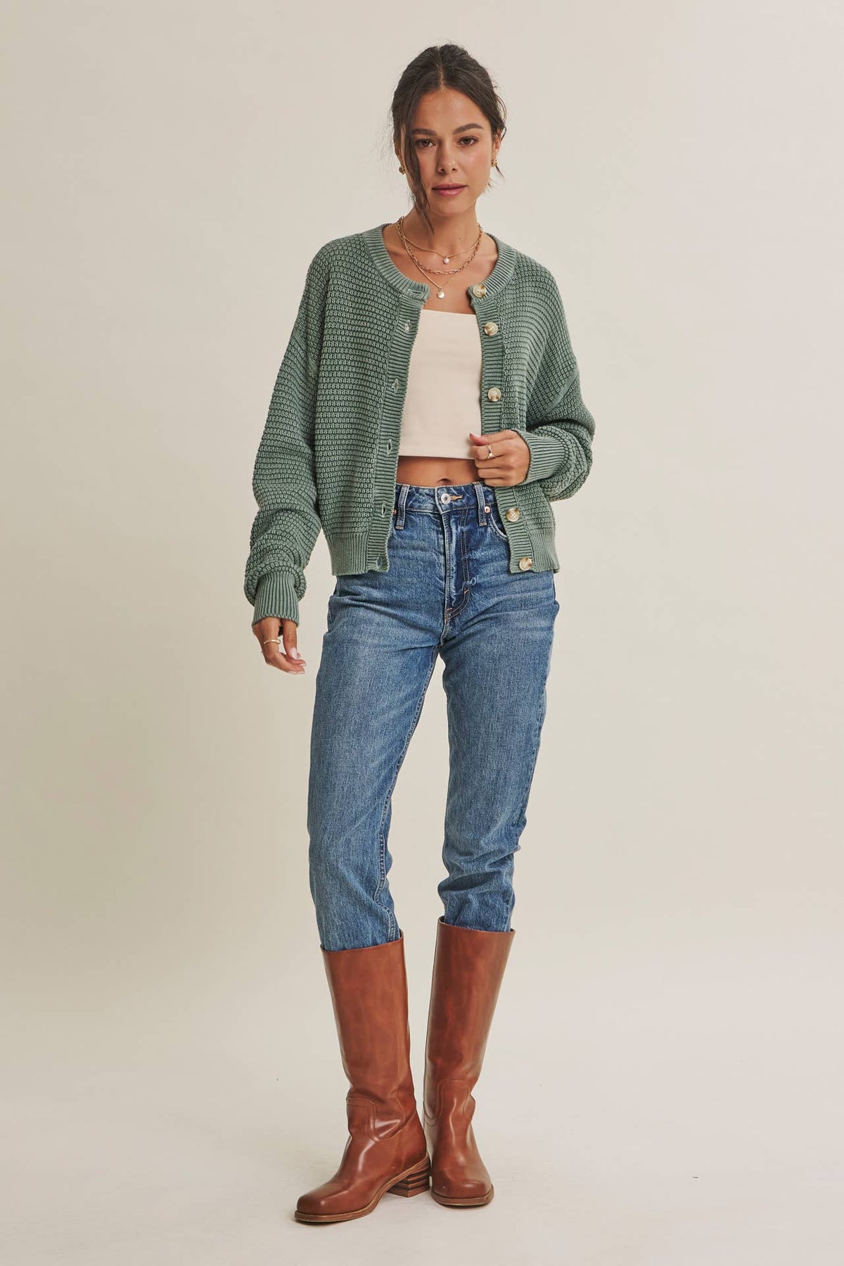 Dusty Green Waffle Knit Cardigan