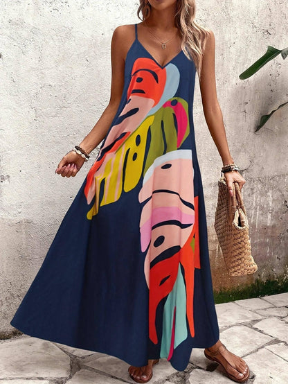 Beach Abstract Leaf Print Strappy Maxi Dress