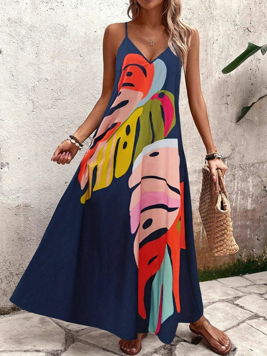 Beach Abstract Leaf Print Strappy Maxi Dress
