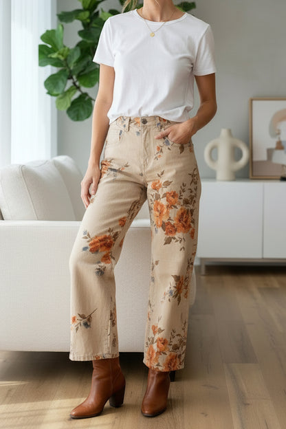 Flower Print Tan Corduroy Pant