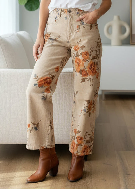 Flower Print Tan Corduroy Pant