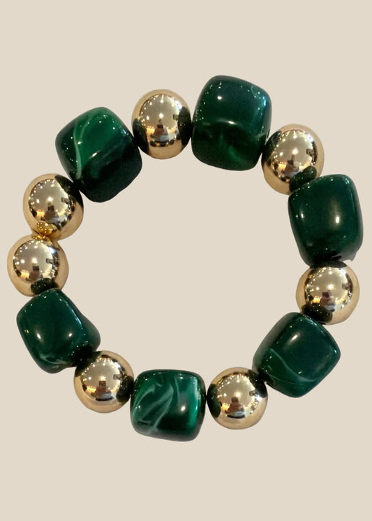 Water Resistant Gold and Emerald Green Stretch Bracelet