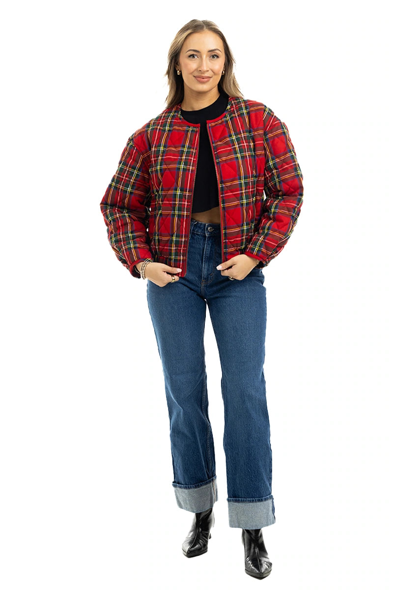 Red Plaid Quilted Zipper Jacket