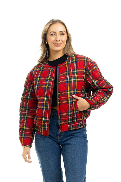 Red Plaid Quilted Zipper Jacket
