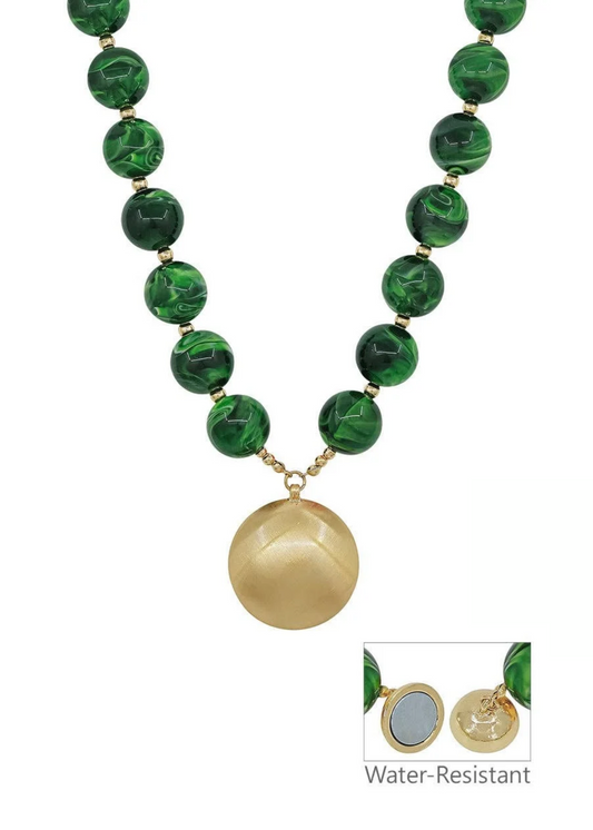 Water Resistant Green Resin Beaded Magnetic Closure Necklace