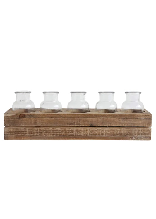Wood Crate with 5 Glass Bottles