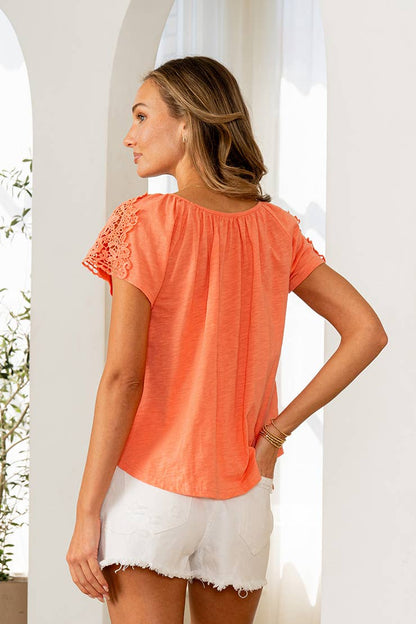 Coral Crochet Sleeve Button Front Top