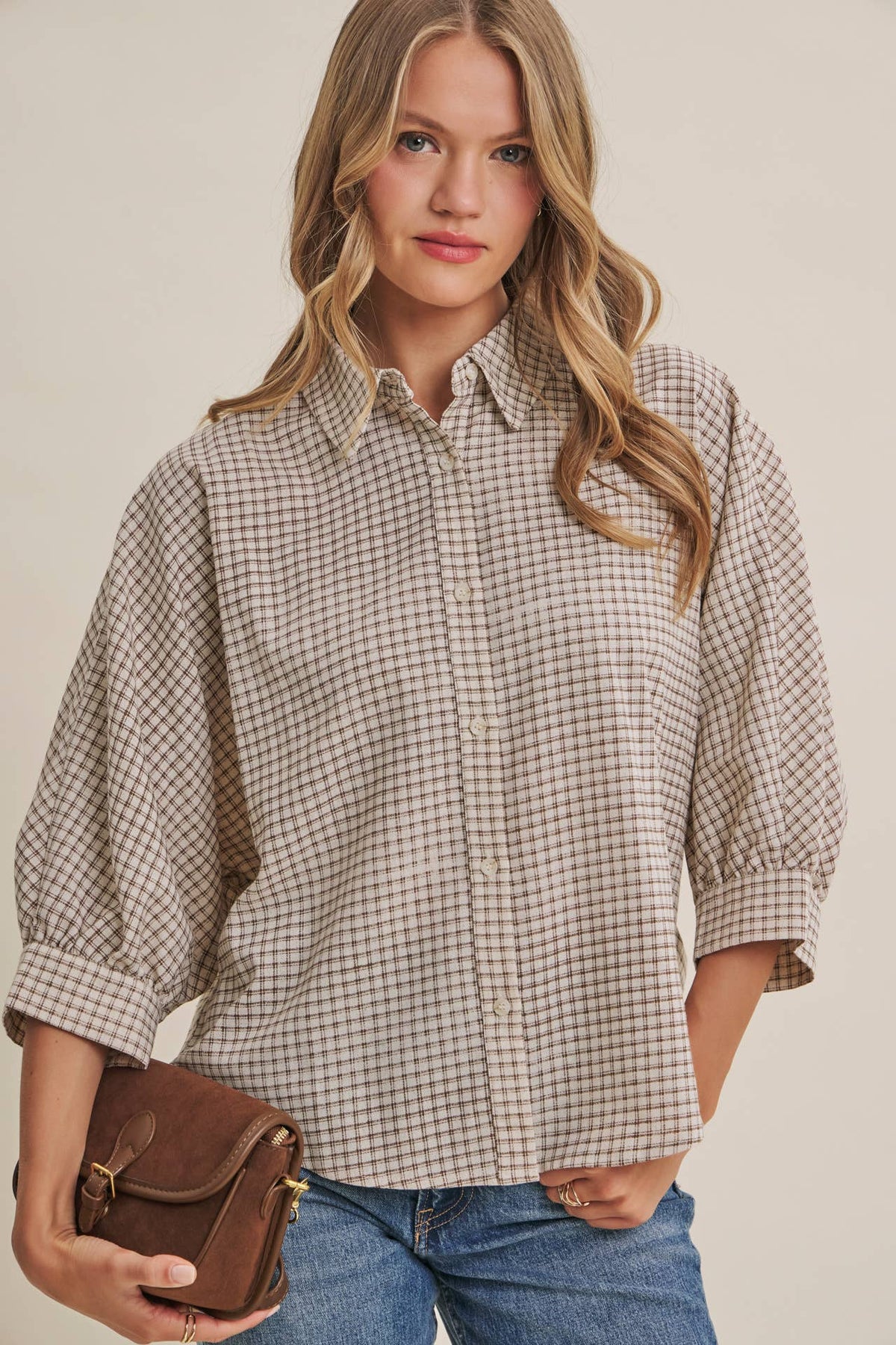 Plaid Dolman Button-Down Shirt