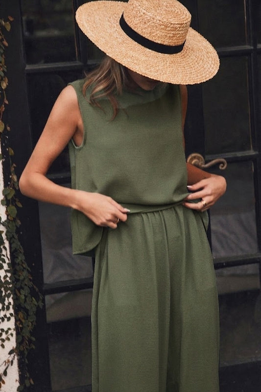 Textured Top & Relaxed Pants Set in Basil