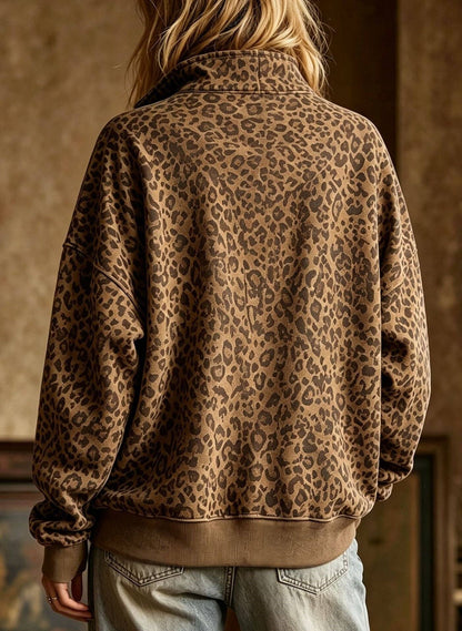 Leopard Print Half Zip Pullover Sweatshirt