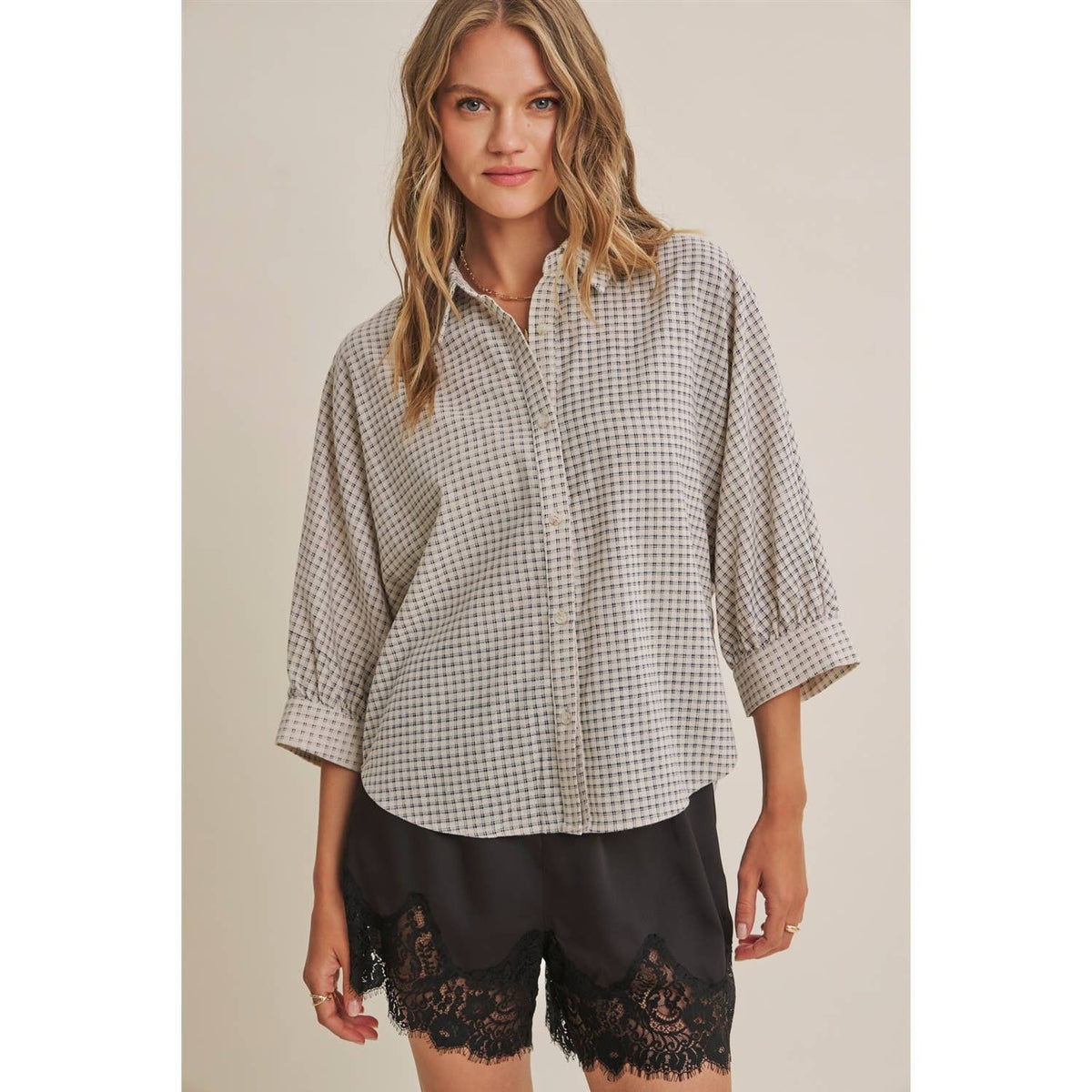 Plaid Dolman Button-Down Shirt