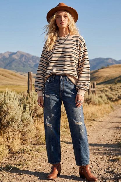 Oversized Beige Striped Sweatshirt