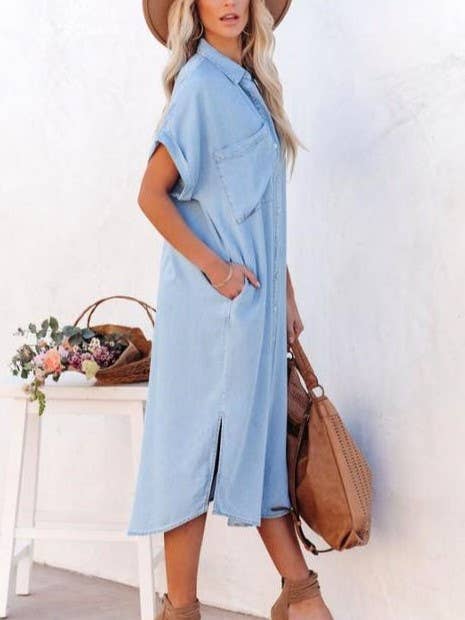 Denim Short-Sleeved Slit Shirt Dress