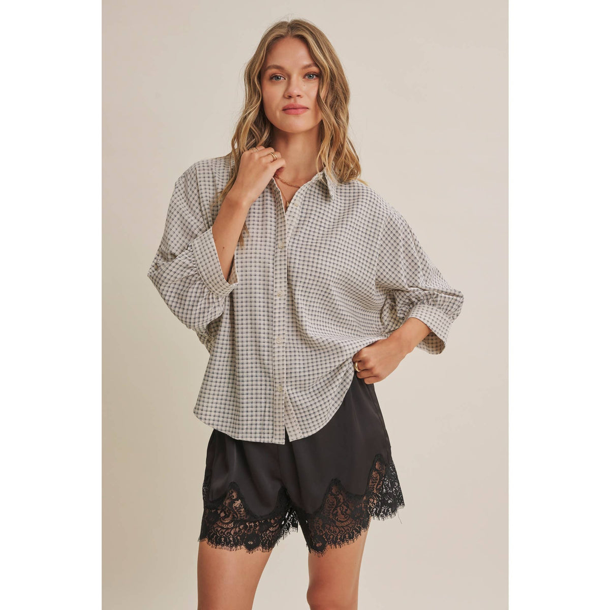 Plaid Dolman Button-Down Shirt