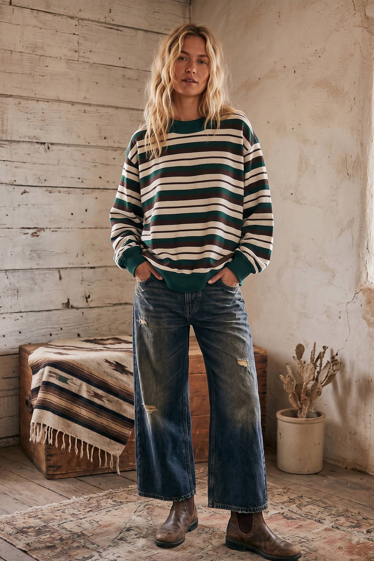Oversized Green Striped Sweatshirt