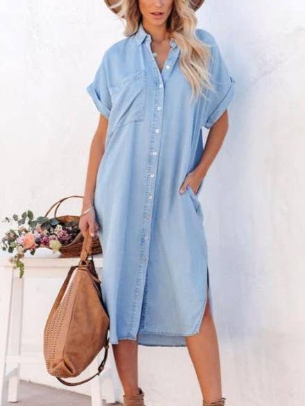 Denim Short-Sleeved Slit Shirt Dress