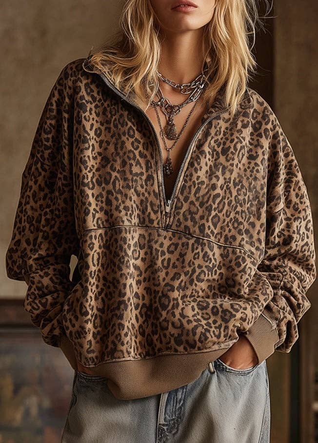 Leopard Print Half Zip Pullover Sweatshirt