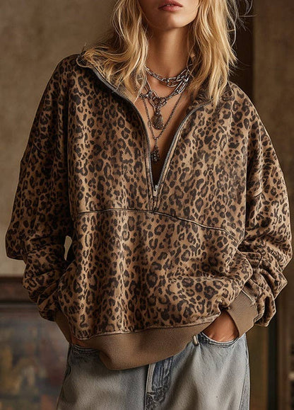 Leopard Print Half Zip Pullover Sweatshirt