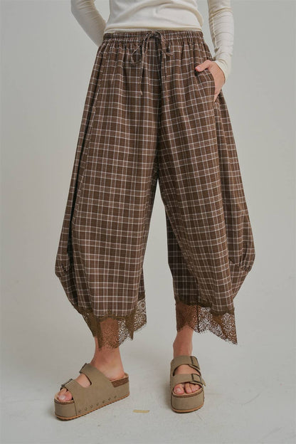 Brown Plaid Balloon Pants