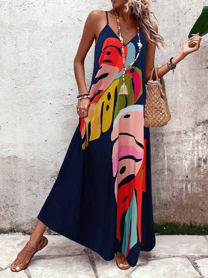 Beach Abstract Leaf Print Strappy Maxi Dress