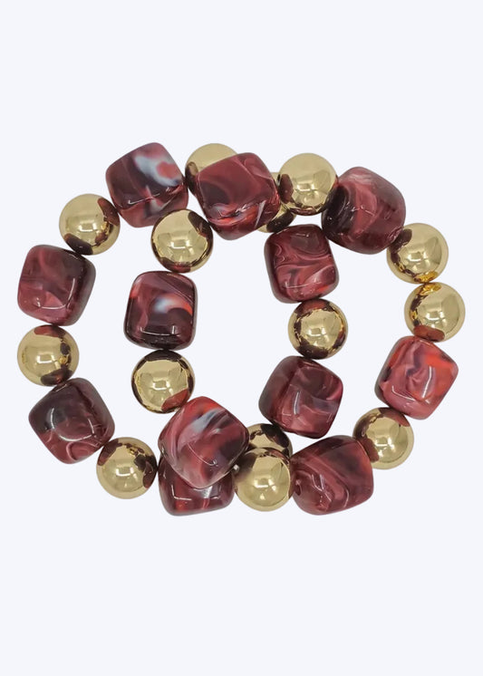 Water Resistant Gold and Maroon Stretch Bracelets