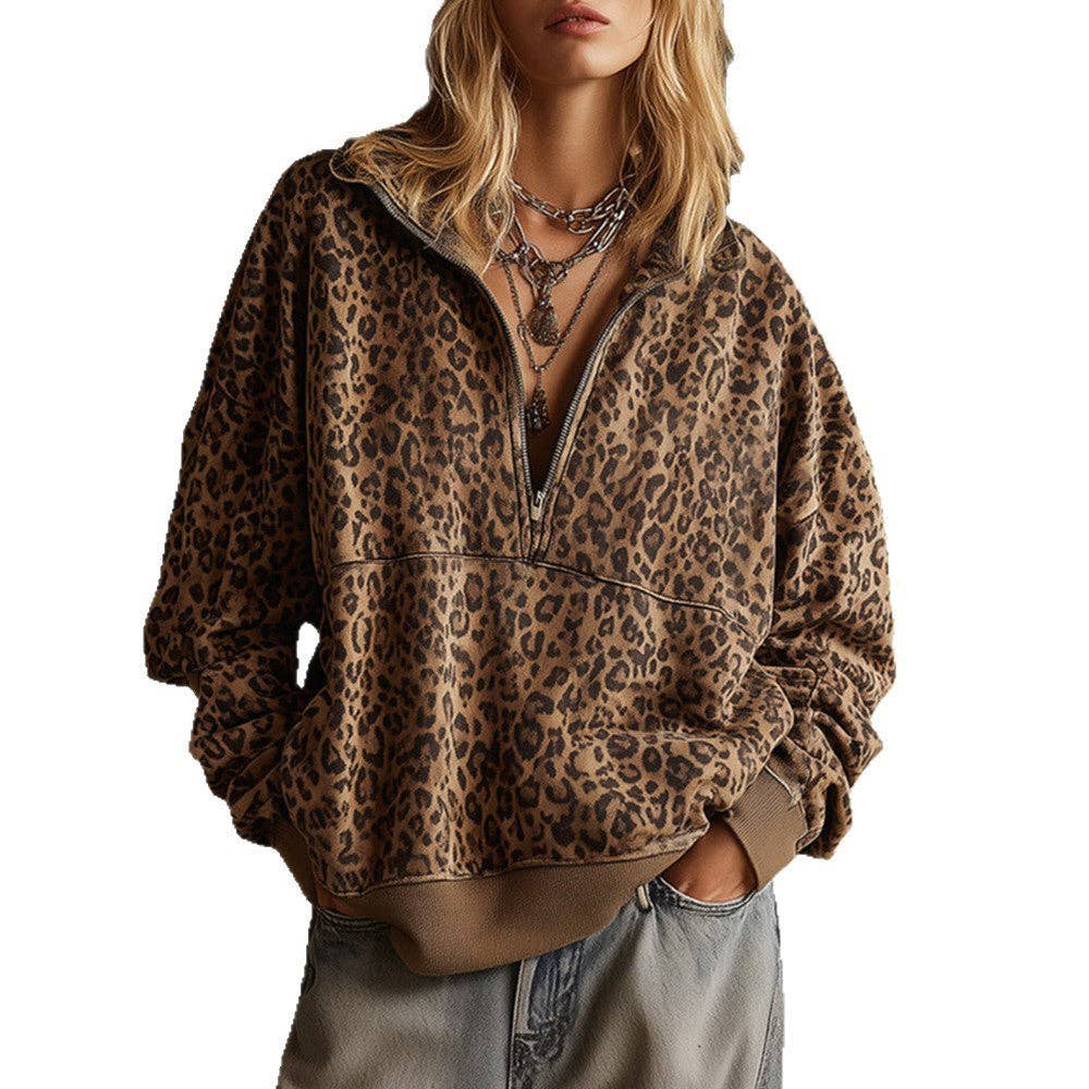Leopard Print Half Zip Pullover Sweatshirt