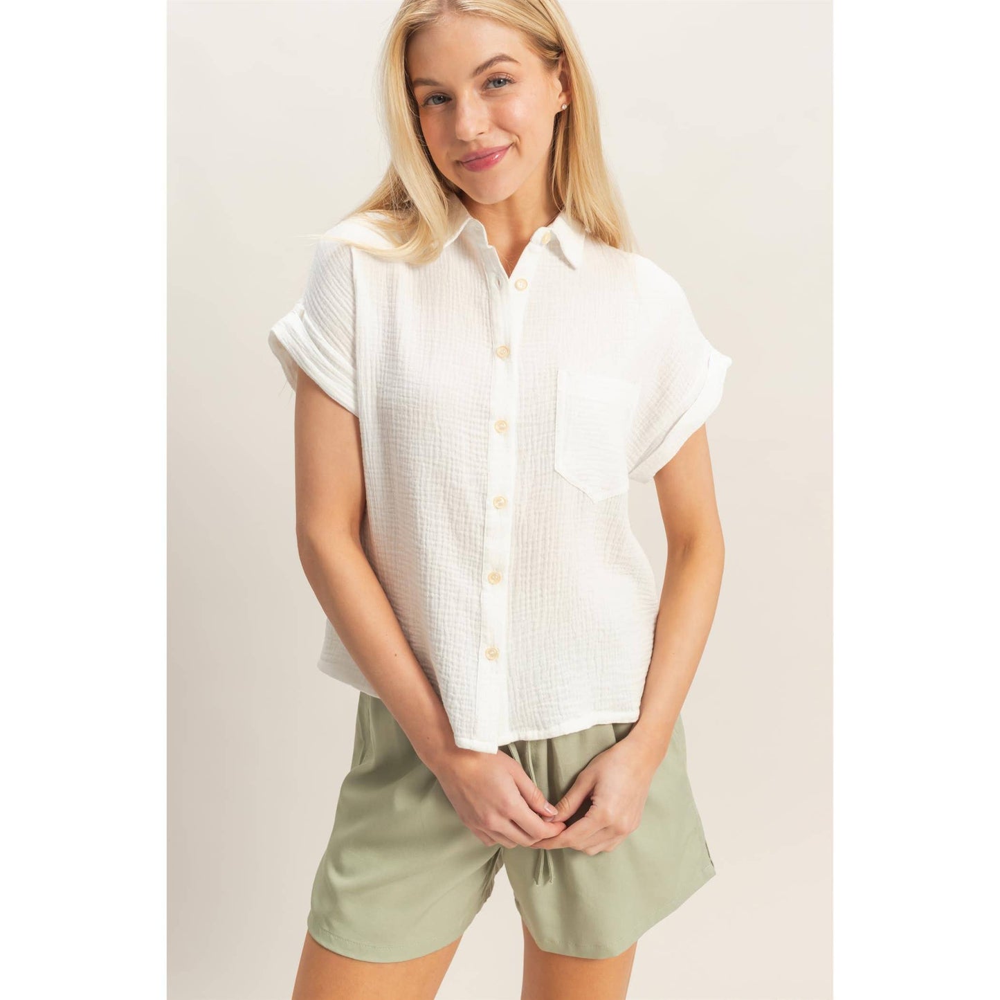 Tina Rolled Sleeve Button-Up Top