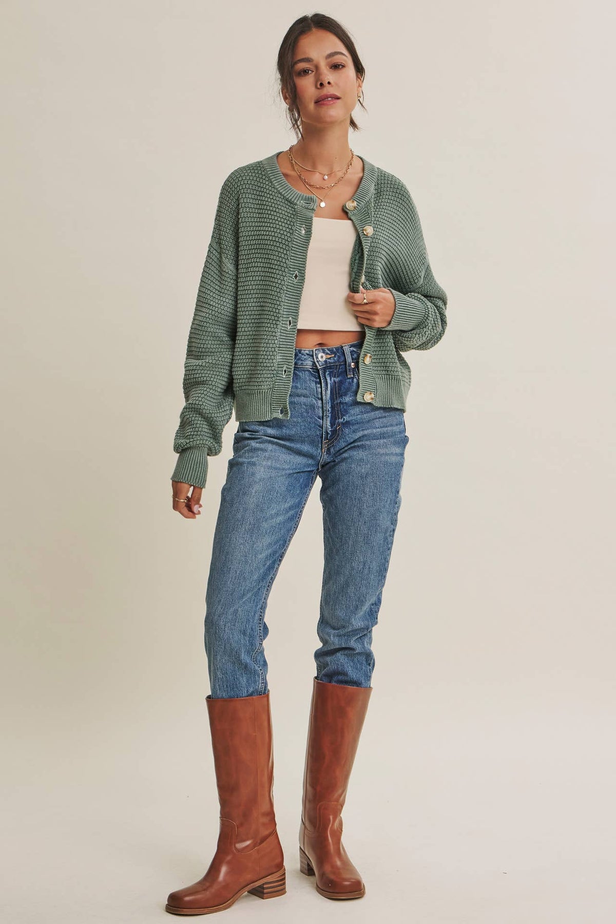 Dusty Green Waffle Knit Cardigan