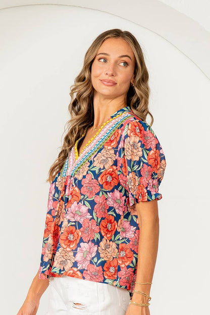 Floral Embroidered V-Neck