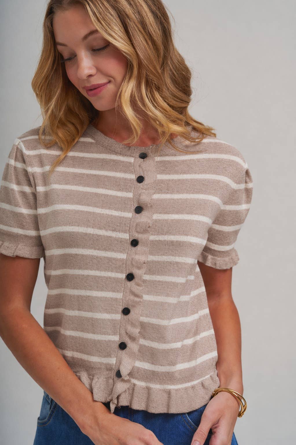 Stripe Cardigan with Ruffle