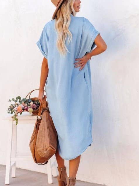 Denim Short-Sleeved Slit Shirt Dress