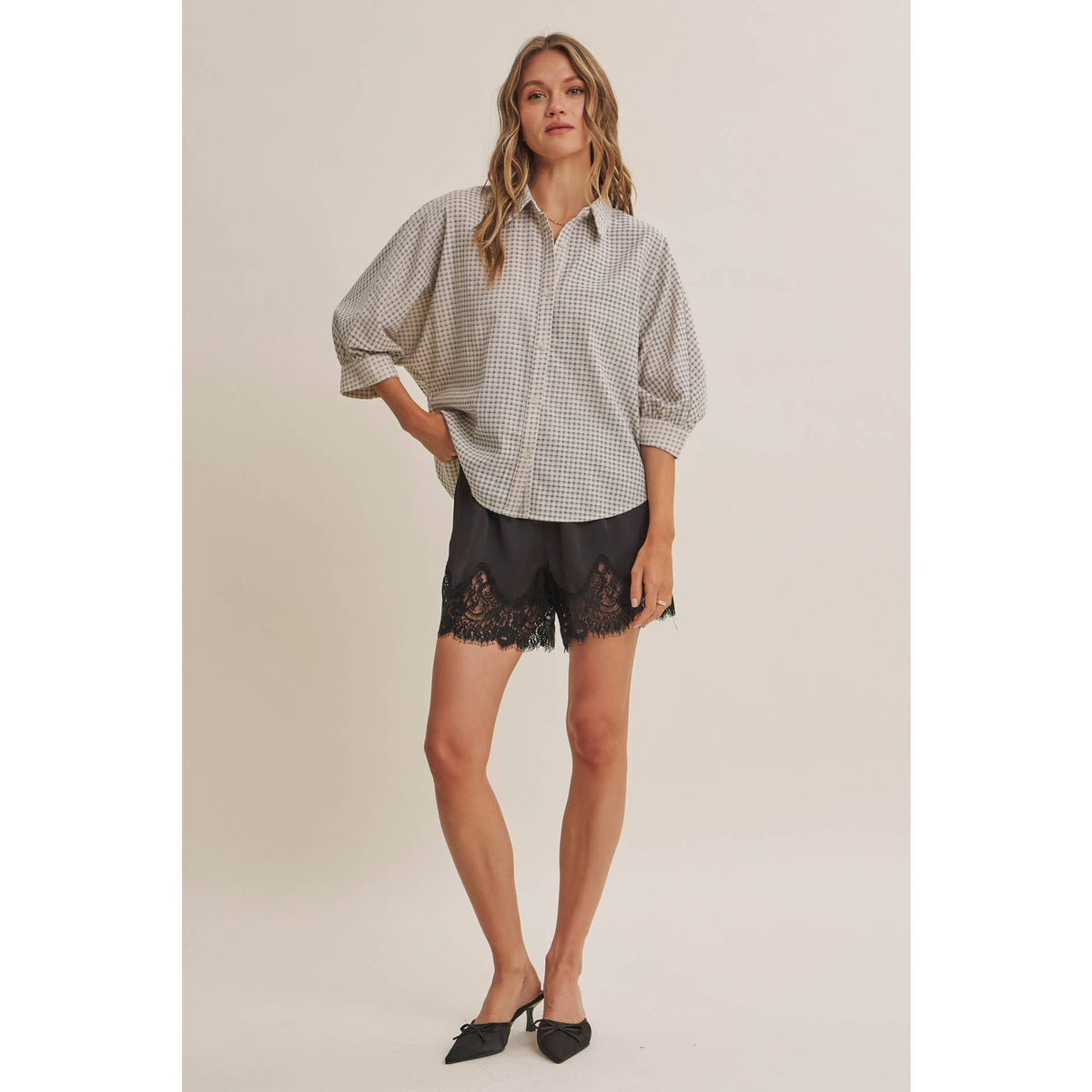 Plaid Dolman Button-Down Shirt