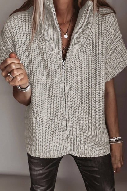 Light Grey Zipper Knit High Neck Sweater