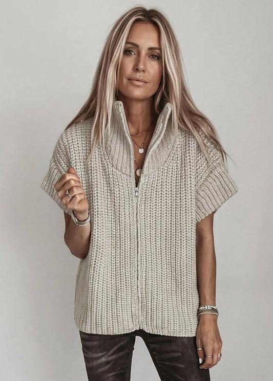 Light Grey Zipper Knit High Neck Sweater