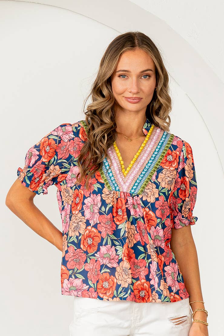 Floral Embroidered V-Neck