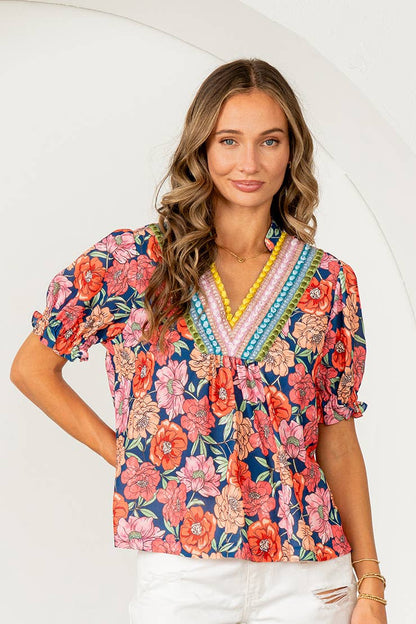 Floral Embroidered V-Neck