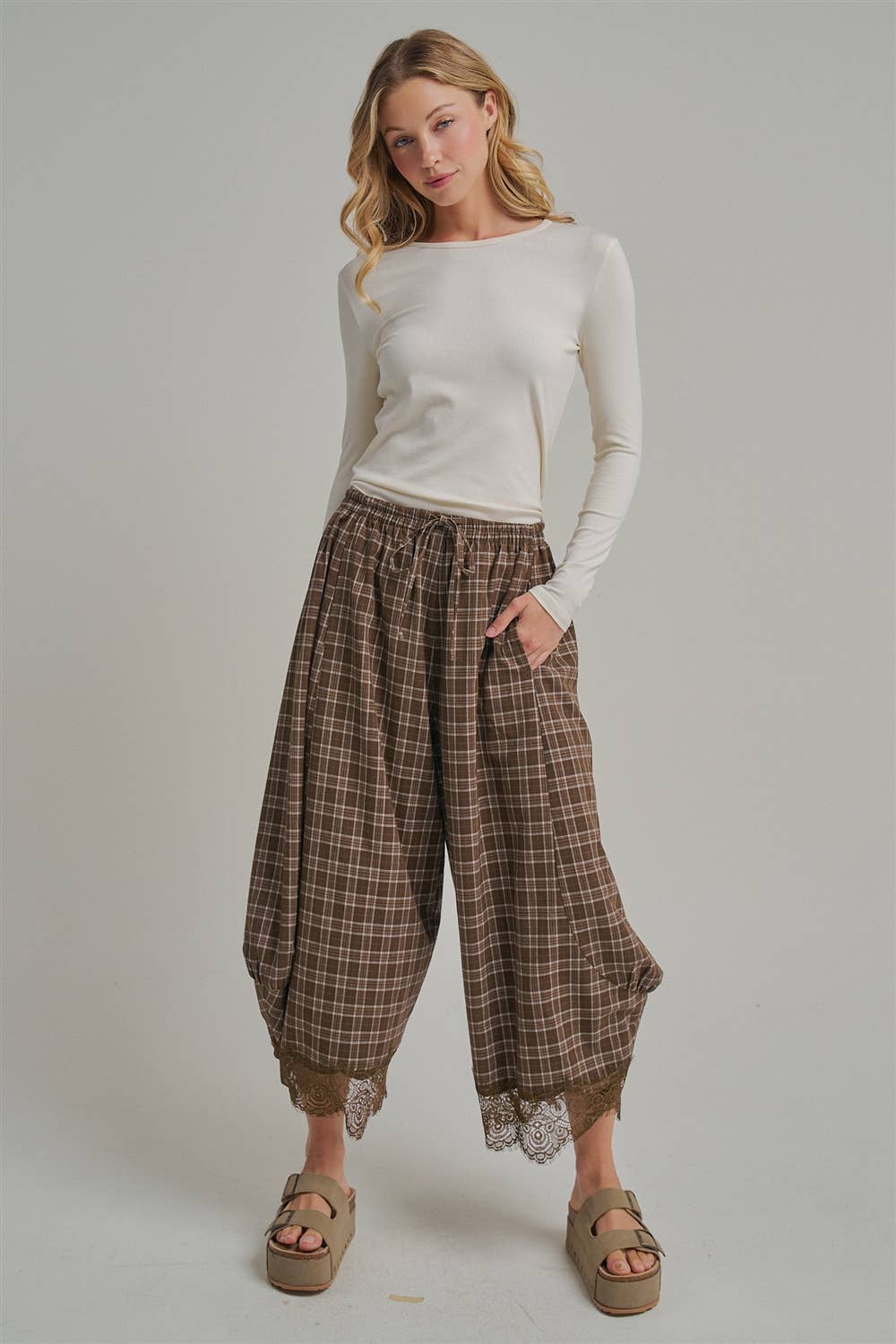 Brown Plaid Balloon Pants