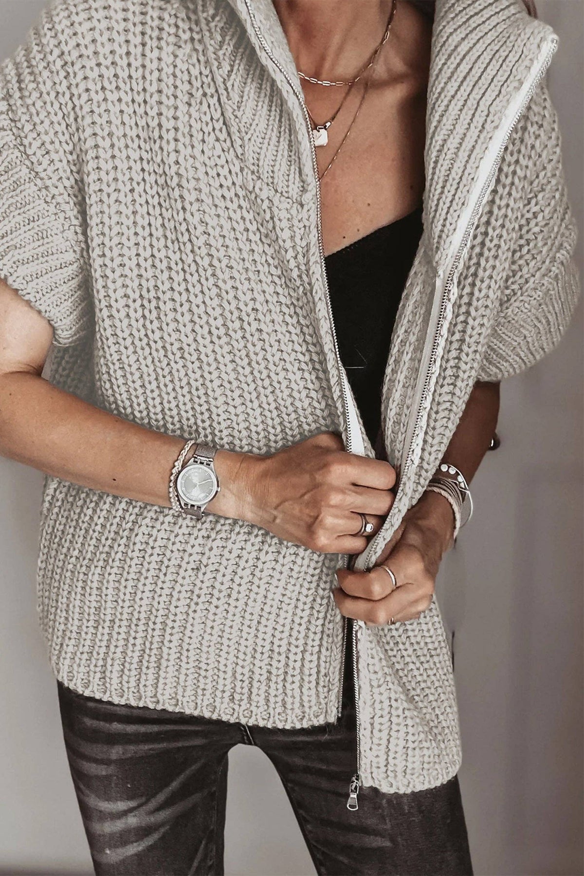 Light Grey Zipper Knit High Neck Sweater