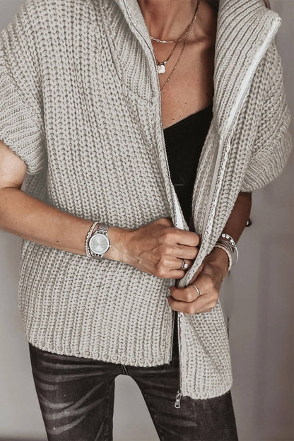 Light Grey Zipper Knit High Neck Sweater
