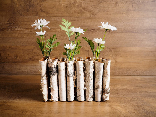 A series of folded, birch bark vases with daisies in them modeled as rustic spring decor.