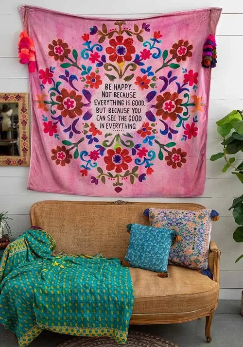 pink be happy tapestry