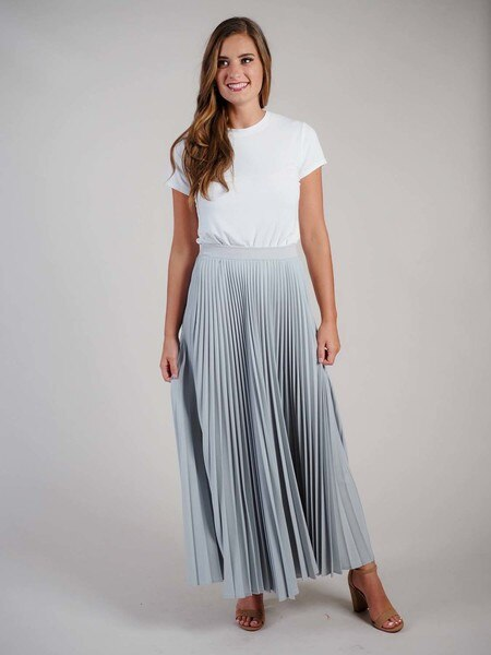 long silver pleated skirt