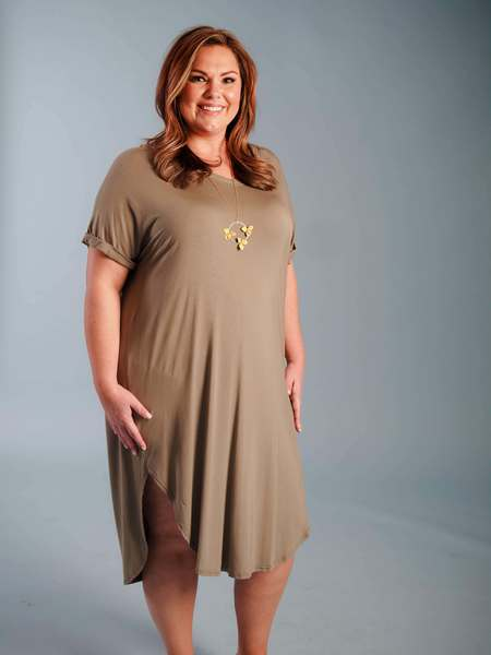 tan mid-length dress with sleeves